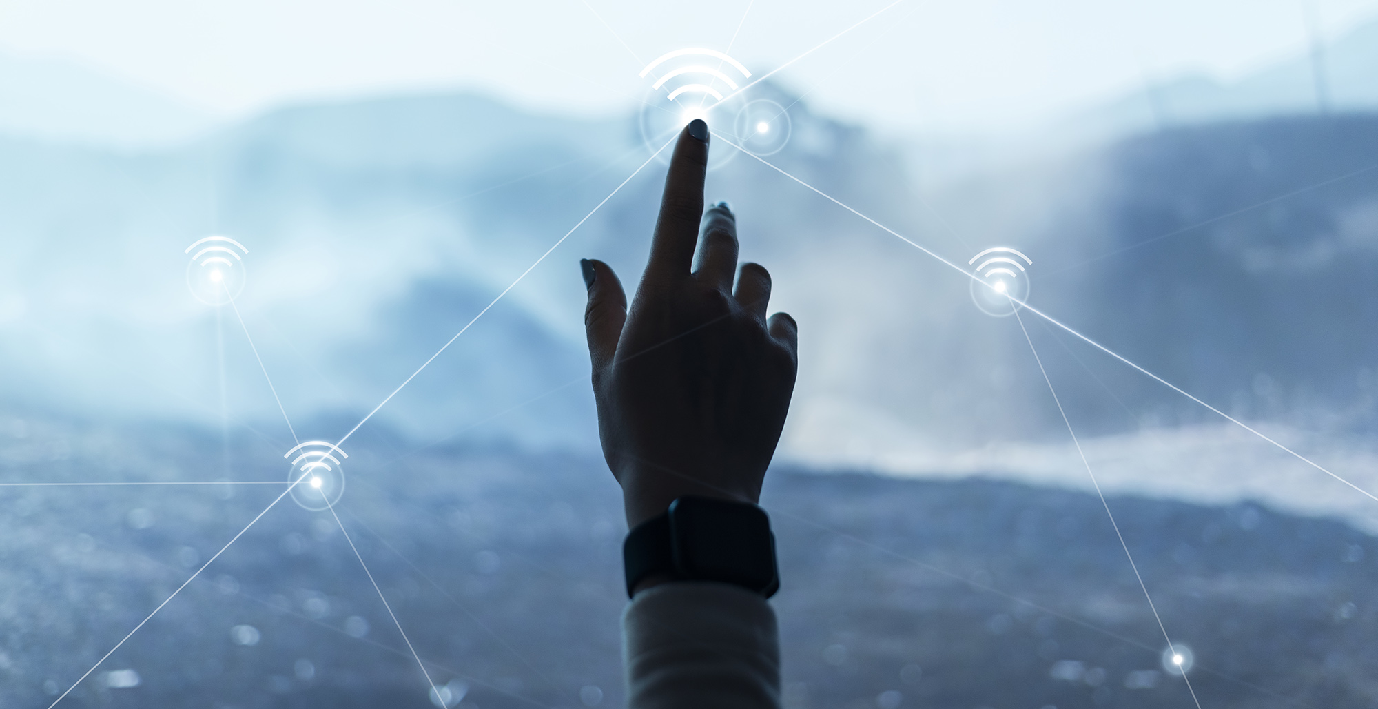 Digital communication technology background with hand touching v